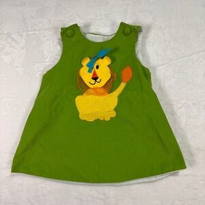 Potato Saks Corduroy Lion Jumper Dress 2T Green Applique‎ Sleeveless Girls